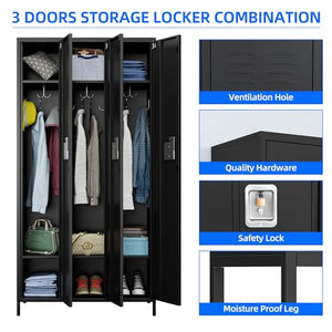 METAN Metal Locker with 3 Doors and 2 Shelves, Black - Industrial Storage Cabinet