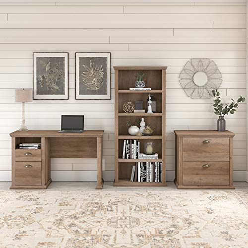 Bush Furniture Yorktown Home Office Desk with Lateral File Cabinet and 5 Shelf Bookcase, 50W, Reclaimed Pine