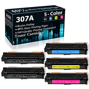 5-Pack (2BK+C+M+Y) 307A CE740A CE741A CE742A CE743A Remanufactured Toner Cartridge Replacement for HP Color Laserjet CP5225 CP5225n CP5225dn CP5220 Printer Ink Cartridge