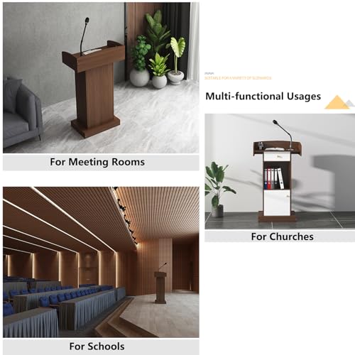 Yadlan Solid Wood White Podium Stand with Microphone Holder and Storage Cabinet
