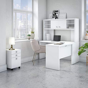 kathy ireland Office by Bush Business Furniture Echo L Shaped Desk with Hutch and Mobile File Cabinet, Pure White, Standard Delivery