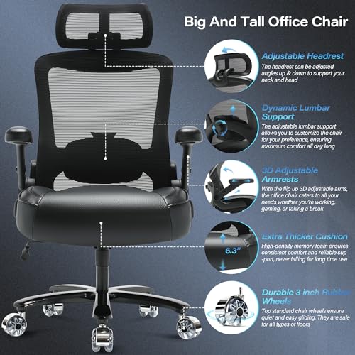 Coolka Big and Tall Office Chair 500lbs - Ergonomic Mesh Desk Chair with Adjustable Lumbar Support, Headrest, 3D Flip Up Arms, Metal Base - High Back Executive Computer Chair, Extra Wide Seat, Black