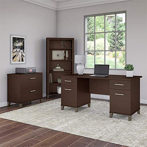 Bush Furniture Somerset 60W Office Desk with Lateral File Cabinet and 5 Shelf Bookcase in Mocha Cherry