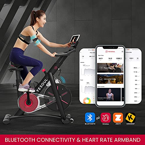 YESOUL Smart Connect Exercise Spin Bike Stationary with Bluetooth Armband, Magnetic Resistance Belt Drive Commercial Indoor Cycling Bike with Heart Rate Monitor App, Tablet Holder (Black)