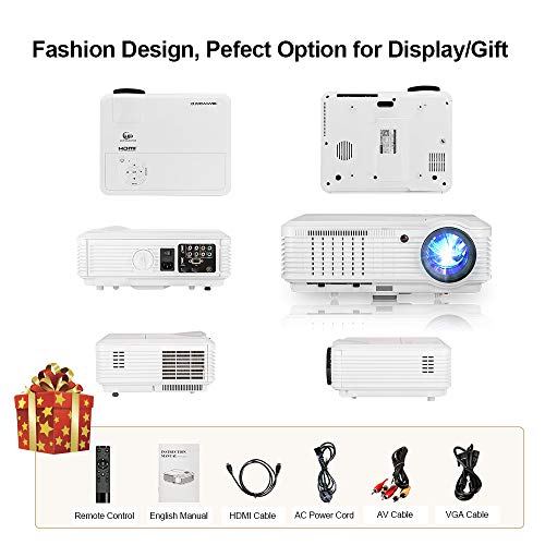 CAIWEI HD WiFi LCD Projector with Bluetooth Android Support 1080P 200" Display 4600lm Home Theater System Wireless Mirroing Smartphone Projector, HDMI USB RCA Audio VGA Built-in Speakers