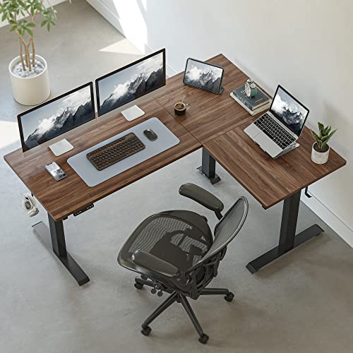 FEZIBO Triple Motor L-Shaped Electric Standing Desk, 63 Inches Height Adjustable, Splice Board, Black Frame/Black Walnut - Sit Stand Workstation