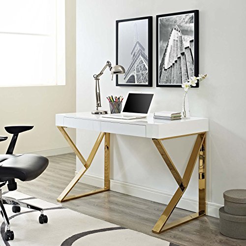 Modway Adjacent Contemporary Modern Office Desk With Metallic Legs in White Gold
