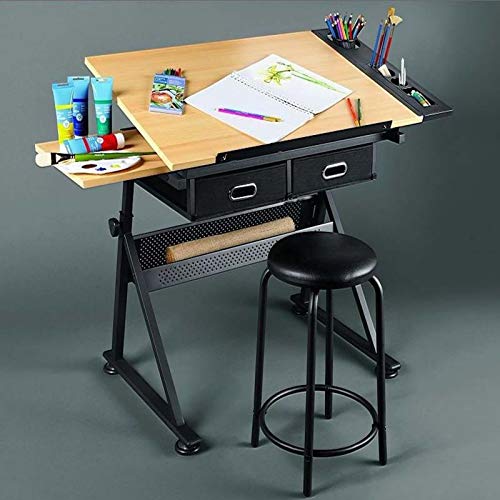 BOPP Drafting Table for Artists, Drafting Table Desk with Drawers, Tray and Stool, Professional Drawing Desk, Art Craft Work Station Adjustable Height Angle for Artists and Architecture