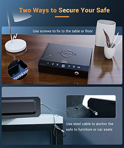 ONNAIS Gun Safe - Biometric Gun Safe for Pistols, Quick-Access Handgun Safe Gun Lock Box Firearm Safety Device with Fingerprint Lock, Keypad and Keys, Pistol Safe for Home Bedside Nightstand Car