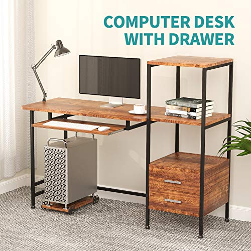 Mecor Study Writing Computer Desk 55" with Drawers/Keyboard Tray/Storage Shelves, Modern Simple Style PC Desk Laptop Study Table Workstation for Home Office (Walnut Brown)