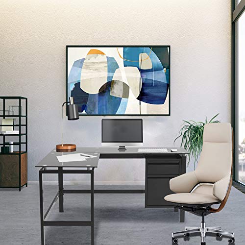 L Shaped Desk 56" Computer Corner Desk, Home Gaming Desk with Storage Drawer Under Desk, Office Writing Workstation with Glass Desktop and Metal Frame, Space-Saving and Easy Assemble