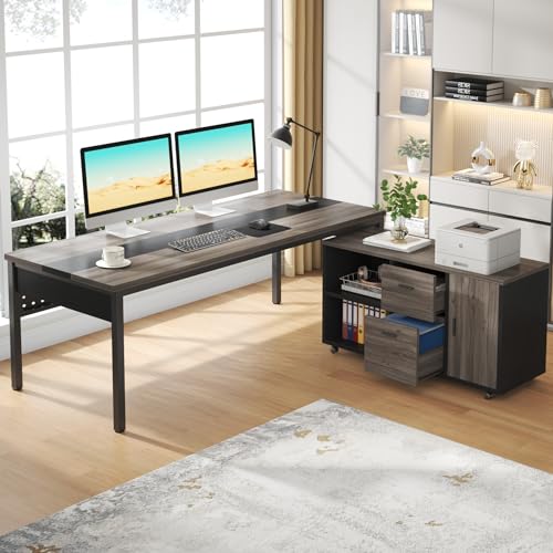 Tribesigns Executive Office Desk and Lateral File Cabinet Combo, L-Shaped Business Furniture, Grey & Black