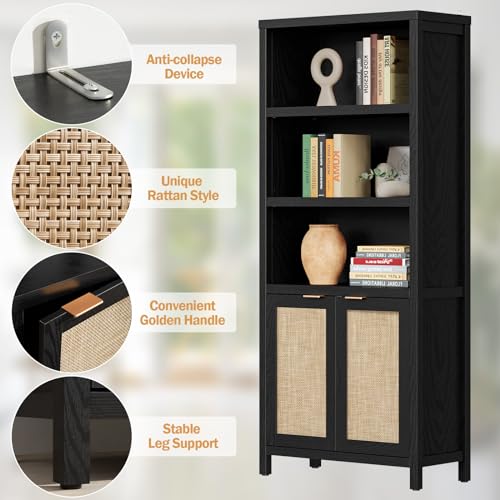SICOTAS 5 Tier Rattan Boho Bookcase with Doors - Black 2PCS