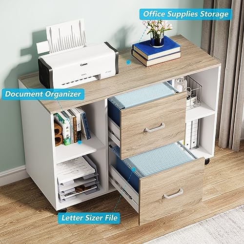 TRIBESIGNS WAY TO ORIGIN L-Shaped Computer Desk with Power Outlet and Drawer Cabinet, 55 inch Executive Office Desk with File Cabinet and Printer Stand, White