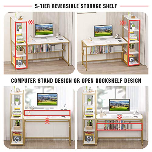 Teraves Computer Desk with 5 Tier Shelves & Reversible L Shaped Desk with Shelves Round Corner Computer Desk Gaming Table Workstation for Home Office