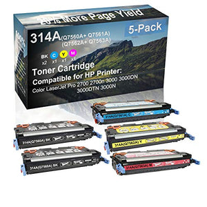5-Pack (2BK+C+Y+M) Compatible High Yield 314A (Q7560A+ Q7561A+ Q7562A+ Q7563A) Laser Printer Toner Cartridge use for HP 3000DTN 3000N Printer