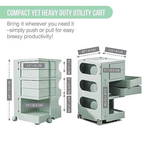 Trashaholic Multipurpose Utility Storage Cart - ABS Plastic Caddy with Wheels and Drawers - Professional Trolley Cart - Sage Green