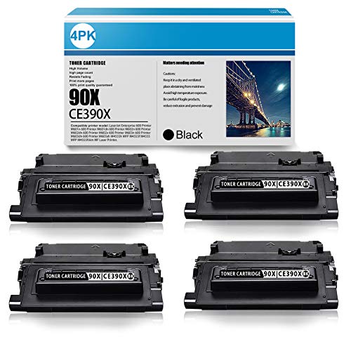4 Pack Black High Yield Toner Cartridge 90X | CE390X Replacement for HP Enterprise 600 M601n M602x M603n M603dn M603xh M4555h MFP M4555 MFP M4555fskm MFP Laser Printer Ink Cartridge.