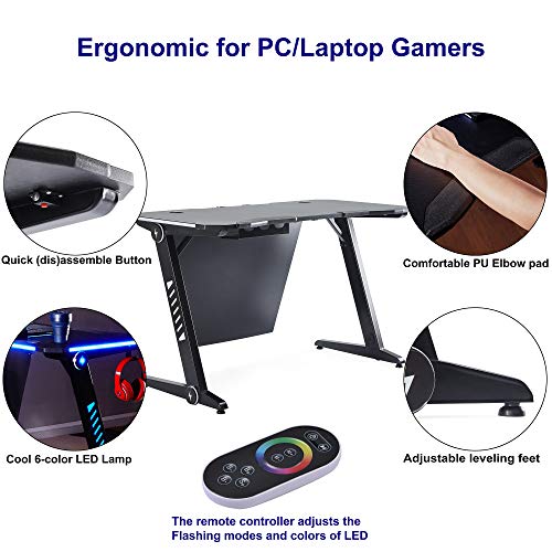 GLCHQ Gaming Desk RGB Led Light PC Computer Gamer Desks Stand Ergonomic Durable Z-Shaped Leg Frame Steel Home Office Workstation Headphone Hook Black