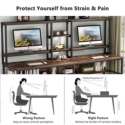 Tribesigns 94.5 inch Two Person Desk with Hutch, Double Workstation Computer Desk with Storage Shelves, Large Industrial Office Desk Study Writing Table with Bookshelf for Home Office, Rustic Brown
