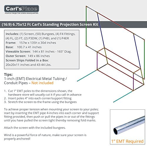 Carl's FlexiWhite Standing Projector Screen Kit (16:9 | 6.75x12-Ft | 165-in) Outdoor Projection Screen, HD, 3D, 1.1 Gain, Dark/Controlled Ambient Light, Outdoor Movie Screen, Stand Poles NOT Included