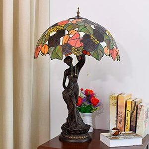 NINGZ Tiffany Style Stained Glass Table Lamp - Dead Leaves Green Leaf Shade - Vintage Bedside/Nightstand Light