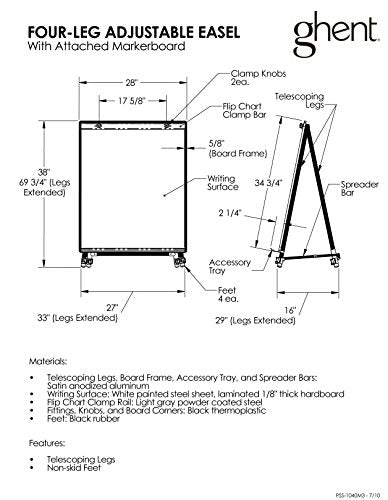 Ghent 4 Leg Easel w/Magnetic Whiteboard (36"x28")
