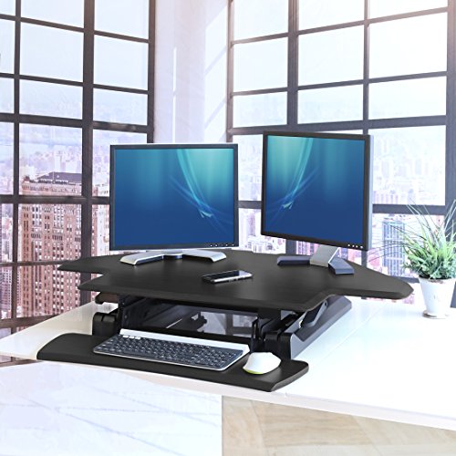 Seville Classics airLIFT Workstation Ergonomic Dual Monitor Riser with Keyboard Tray and Phone/Tablet Holder, Corner (43"), Black