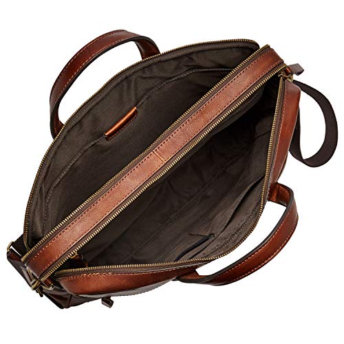 Fossil Men's Haskell Leather Double Zip Briefcase Messenger Laptop Bag, Cognac
