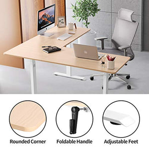 UNICOO – L Shaped Crank Height Adjustable Standing Desk, Sit to Stand up Corner Desk, L-Shaped Standing Workstation (White Frame/Light Oak Top - L Shape Crank)