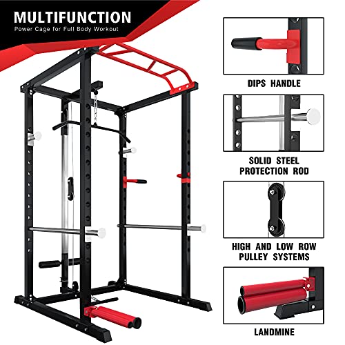 ER KANG Olympic Power Cage, 1000 lbs Light Commercial Weight Cage with LAT Pull-Down Pulley System, 360 Degree Landmine, Dip Bars and Other Attachments