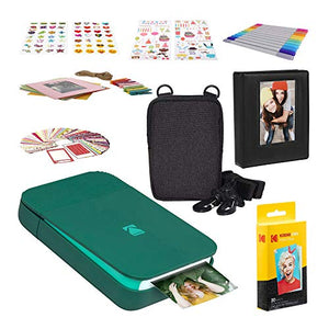 Kodak Smile Instant Digital Printer - Green with 2ʺx3ʺ Premium ZINK Photo Paper (20 Sheets), Soft Camera case, ZINK Paper Unique Colorful Stickers & Photo Album Accessories