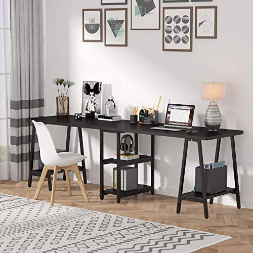 Tribesigns Double Computer Desk with Shelves, 94.5 Inches Extra Long Two Person Desk, Writing Desk Workstation for Home Office (Black)