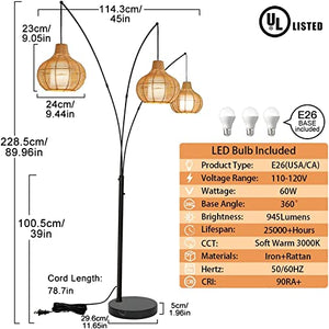 Depuley Adjustable 3-Light LED Arc Floor Lamp with Bamboo Lampshades & Marble Base