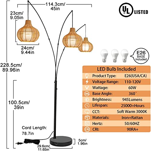 Depuley Adjustable 3-Light LED Arc Floor Lamp with Bamboo Lampshades & Marble Base