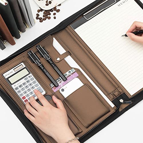 KGEZW A4 Leather Portfolio Binder Padfolio Organizer with Calculator Zipper Briefcase Notebook File Folder (Color : A)