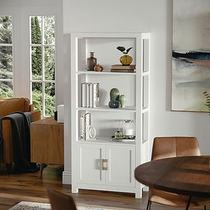 Martha Stewart Four Tier Shaker Bookcase with Storage Cabinet in White - Polished Brass Hardware