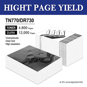 5 Pack Compatible TN770 Toner Cartridge and DR730 Drum Unit Replacement for Brother DCP-L2550DW MFC-L2710DW L2750DW L2750DWXL HL-L2350DW L2370DW/DWXL L2390DW L2395DW Printer [4 Toner + 1 Drum]