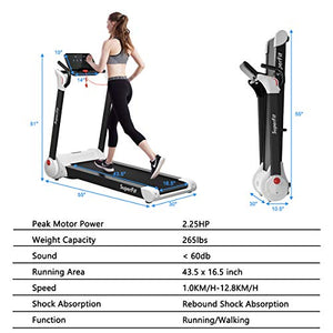GYMAX Folding Treadmill, 2.25HP Electric Motorized Running Walking Machine with LED Touch Screen & Bluetooth Speaker, Portable Cardio Workout Treadmill for Home Gym Office (White)