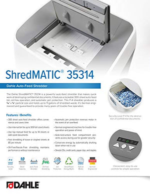Dahle ShredMATIC SM 300 Auto-Feed Paper Shredder, 300 Sheet Capacity, P-4 Security Level