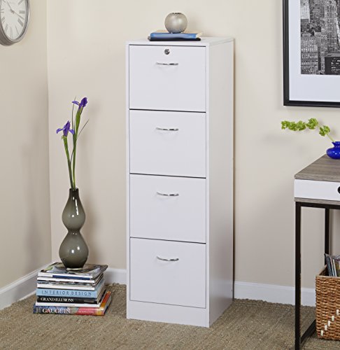 Four Drawer Vertical Wood Lockable File Cabinet, Safeguards Documents and Keeps Them Organized, Prevents Your Papers from Fading, Made of Durable Particleboard and Metal, White + Expert Guide