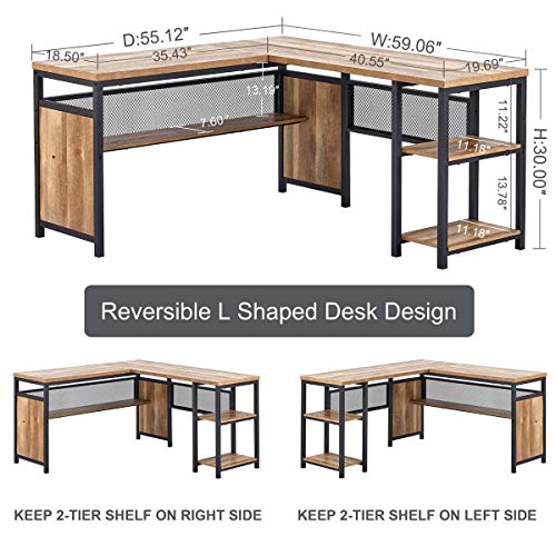 FATORRI L Shaped Computer Desk, Industrial Office Desk with Shelves, Rustic Wood and Metal Corner Desk for Home Office (Rustic Oak, 59 Inch)