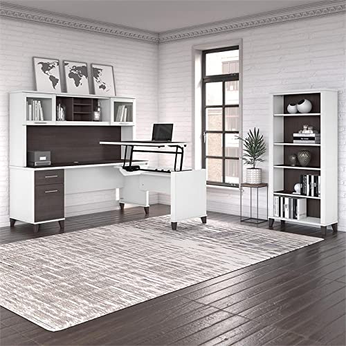 Bush Furniture UrbanPro Sit to Stand L Desk Set with Bookcase in White/Gray - Engineered Wood