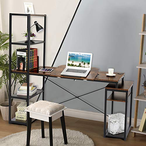 Computer Desk with 5-Tier Shelves, 3 in 1 Bookshelf, Computer Desk, and Main Frame, 47.2" Drafting Drawing Table with 60° Tiltable Tabletop, PC Laptop Table Study Workstation for Home Office (Brown)