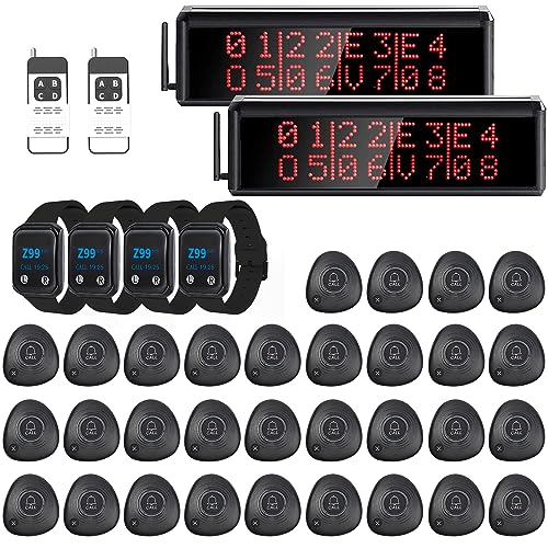 WNKRUN Restaurant Pager System with Long Range Wireless Calling - 2 Display Screens, 30 Waterproof Call Buttons, 2 Remote Controls, 4 Watch Pagers