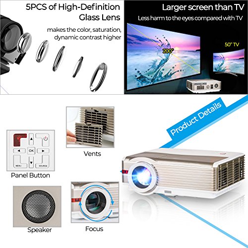 EUG LCD Bluetooth HDMI Projector 5000 Lux High Brightness Wireless Home Cinema Theater Video Projectors Support Full HD 1080P Airplay WiFi, Compatible with USB VGA Blu ray DVD PC PS4 TV Stick