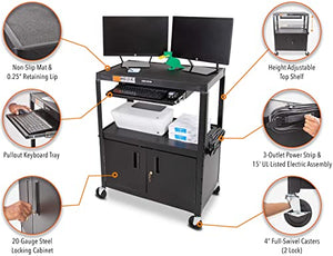 Stand Steady Line Leader Extra Wide AV Cart with Locking Cabinet, Rolling Computer Desk, Height Adjustable Utility Cart