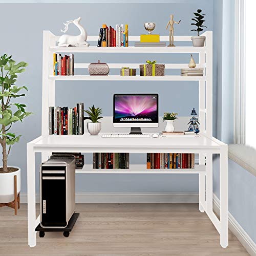 Computer Desk 47” with Bookshelves 2 in 1,Study Writing Table Desk for Bedrooms/Living Room,Home Office Corner Gaming Table PC Laptop Workstation,Makeup Vanity Console Table W/Storage Shelves (White)
