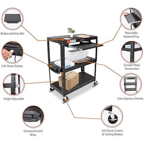 Stand Steady Line Leader Large Metal Utility Cart with Retractable Keyboard Tray | Height Adjustable 3 Tier Rolling Cart | Includes Power Strip & Cord Management | Easy Assembly (34in x 20in x 42in)