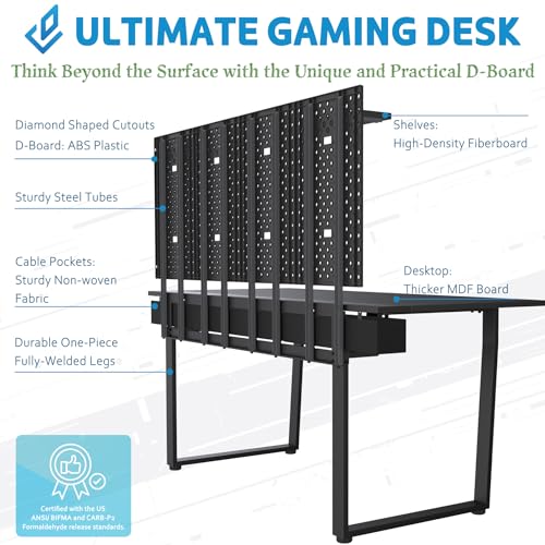 DEZCTOP Bifrost 160 Gaming Computer Desk with Pegboard and Cable Management - 63W x 28D, Black